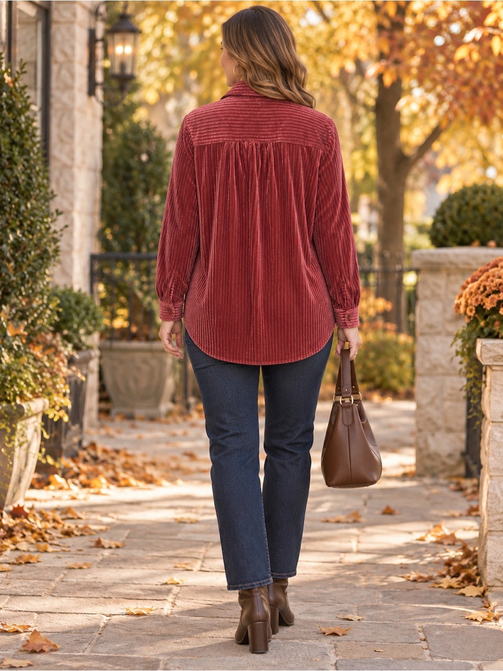 Umgee Velvet Ribbed Button-Up Shirt - Red - Picture 2 of 4